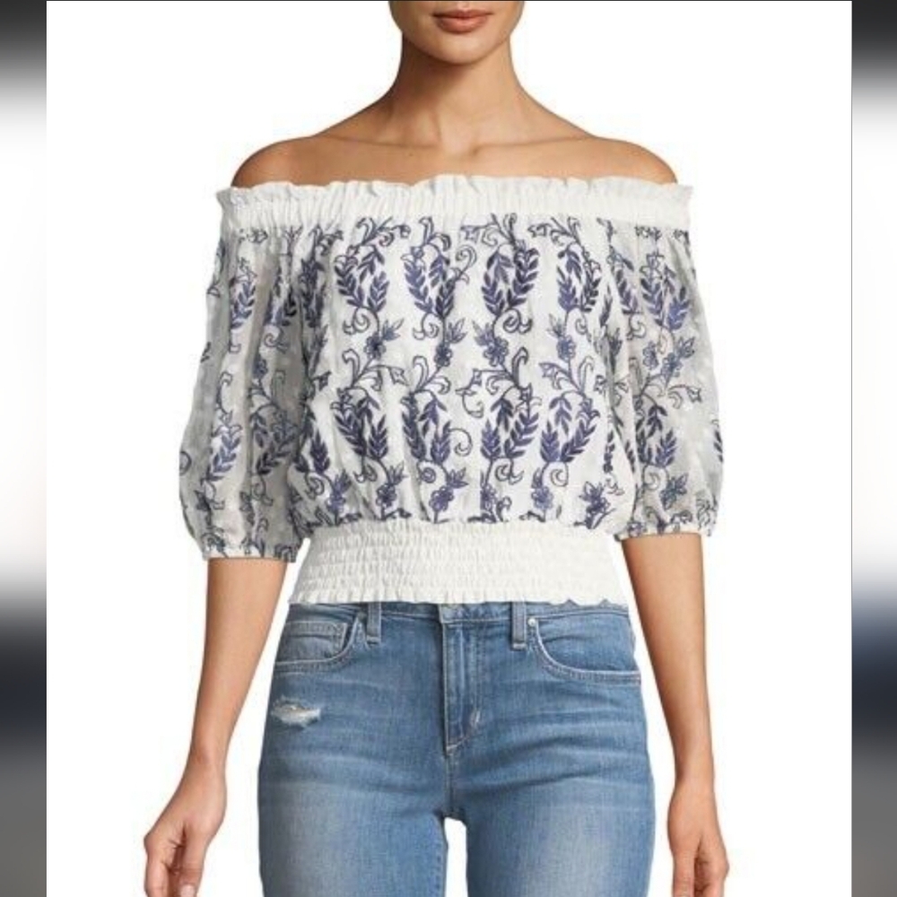 MISA Los Angeles 'Ingrid' Blue & White Floral Embroidered Off Shoulder Crop Top